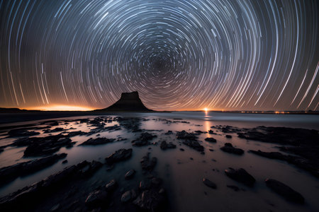 Star trail over the sea at night. 3d render with long exposureの素材
