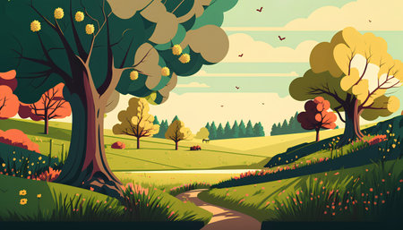 Autumn landscape with trees, meadow and river. Vector illustrationの素材