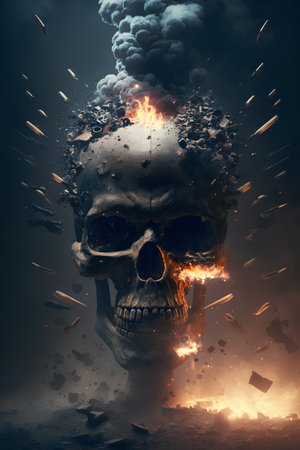 Burning human skull with smoke on dark background. Halloween concept.の素材