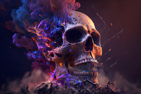 Skull in fire and smoke. Halloween background. 3d illustrationの素材