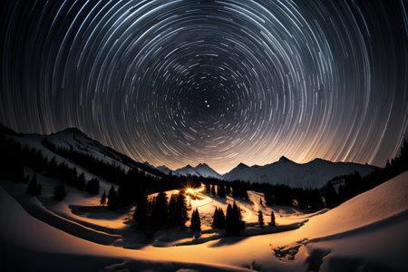 Star trails in the snowy mountains. Winter landscape with starry sky.の素材