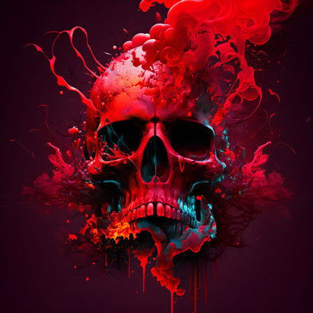 Skull with red and black paint splashes on a black backgroundの素材