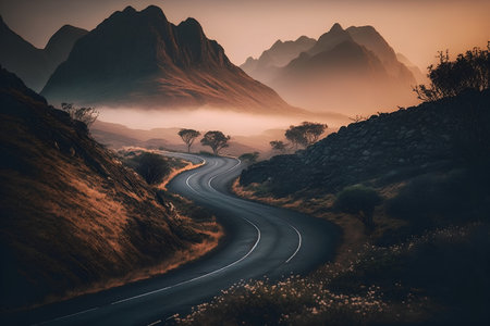 Road in the mountains at sunrise. Dramatic and picturesque scene.の素材