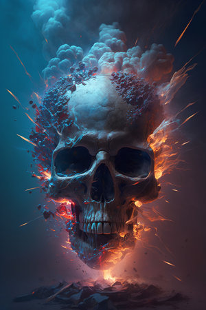 Skull with smoke and fire on a dark background. 3d illustrationの素材