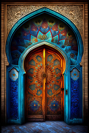 Colorful wooden door in morocco style. 3d renderingの素材