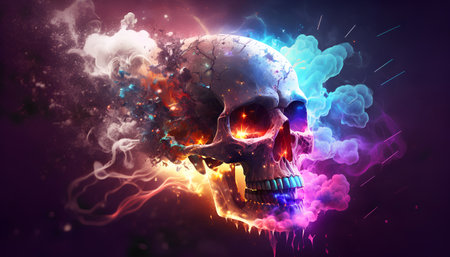 Skull with colorful smoke on dark background. Halloween concept. 3D Renderingの素材