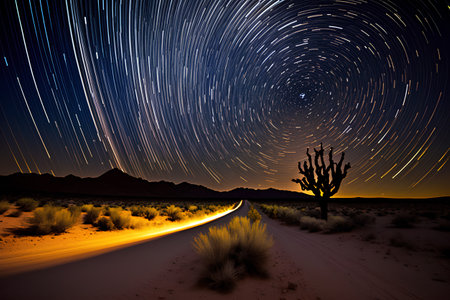 Star trails in the desert at night, Namib Naukluft National Park, Namibiaの素材