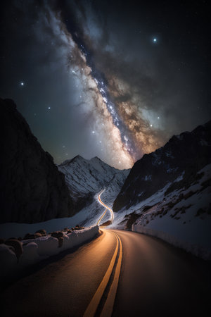 Night landscape with a road and milky way in the mountains.の素材