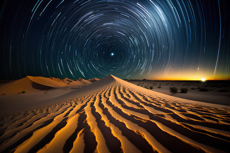 Star trails over sand dunes in the Sahara desert, Morocco.の素材