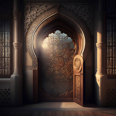 3D render of a beautiful mosque door with arabic ornamentの素材