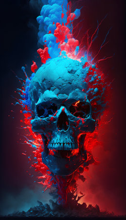 Skull with red and blue paint splashes. 3d illustrationの素材