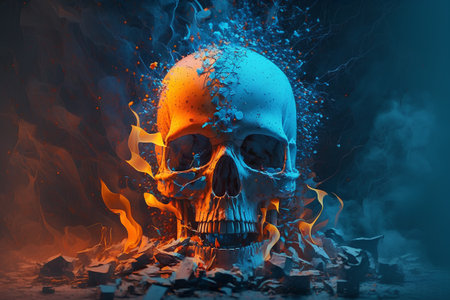Skull in fire. Halloween concept. 3D illustration. Copy space.の素材