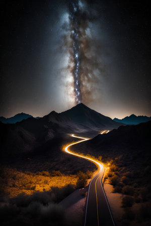 Night landscape with road and milky way. 3d rendering.の素材