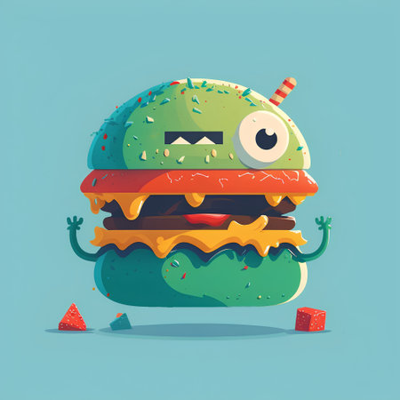 Cute cartoon green burger character with eyes, mouth and teeth. Vector illustrationの素材