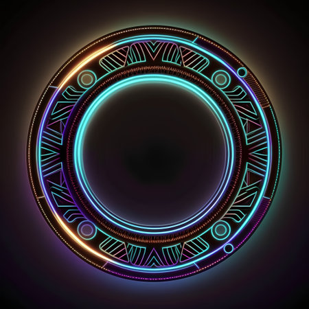 Neon circle frame on a dark background. Vector illustration for your design.の素材