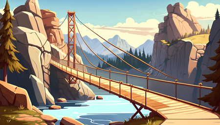 Suspension bridge in the mountains. Cartoon style vector illustration.の素材