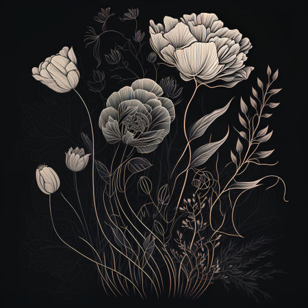 Floral background with peony flowers. Hand drawn vector illustration.の素材