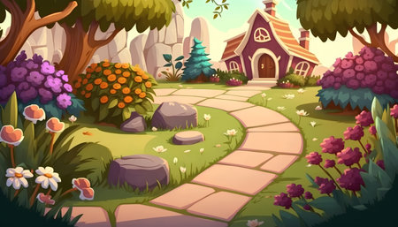 Cartoon illustration of a beautiful garden with flowers and a wooden houseの素材