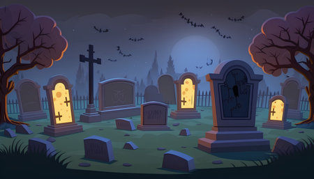 Halloween cemetery with gravestones and bats at night, vector illustrationの素材
