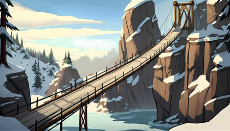Illustration of a wooden suspension bridge over a frozen river in winterの素材