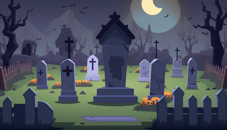 Halloween graveyard with tombstones and crosses. Vector cartoon illustration.の素材