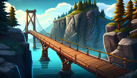 Wooden bridge in the mountains. Cartoon style. Vector illustration.の素材