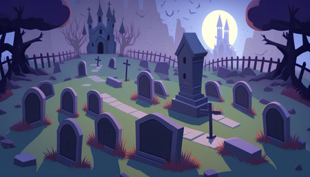 Halloween cemetery with graveyard and tombstones. Vector cartoon illustration.の素材