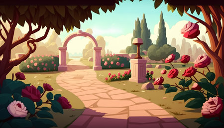 Cartoon garden background with path and flowers in the botanical gardenの素材