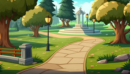 Illustration of a pathway in a park with a church in the backgroundの素材