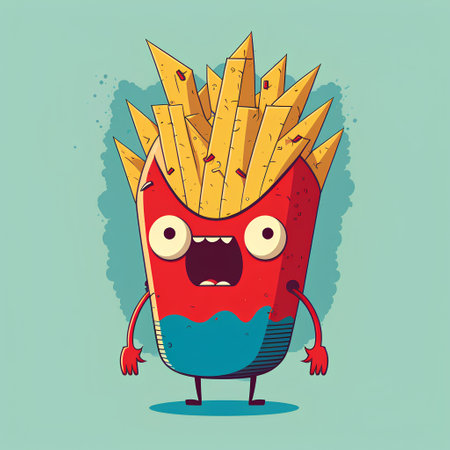 Funny cartoon french fries character. Vector illustration of fast food.の素材