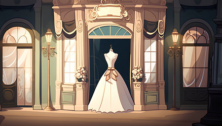 Wedding dress in the window of the old castle, vector illustrationの素材