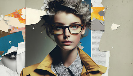 Fashion portrait of beautiful young woman in yellow coat and eyeglassesの素材