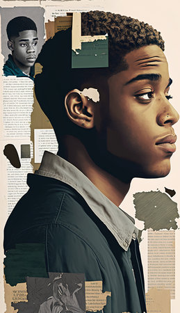 Contemporary art collage with african american man in profileの素材
