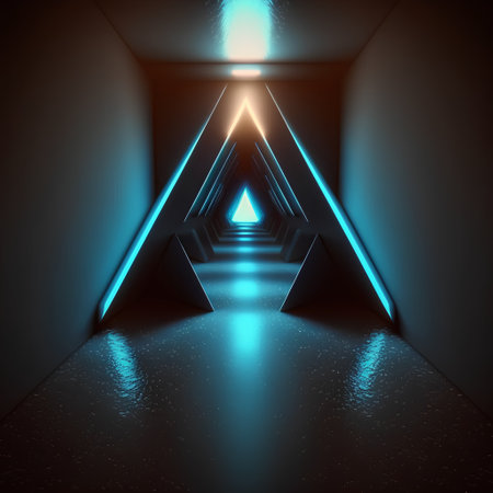 Futuristic corridor with glowing lights, 3d render, square imageの素材
