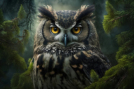 Portrait of an owl on a background of a spruce forestの素材