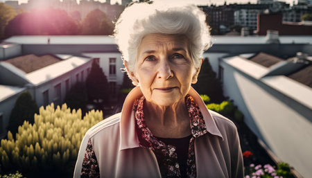 Portrait of an elderly woman on the roof of the house.の素材