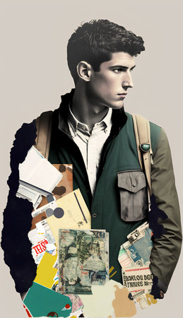 Young man with a backpack and map of the world. Collage.の素材