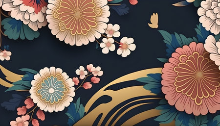 Vintage floral background with paper cut flowers and butterflies. Vector illustration.の素材