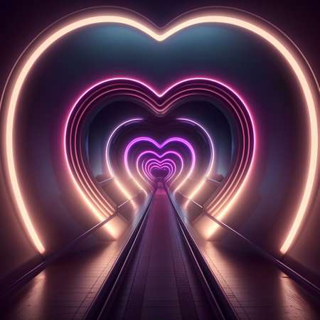 Futuristic tunnel with glowing lights in the shape of a heartの素材