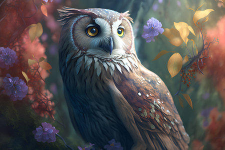 Owl in the forest on a background of flowers. 3d illustrationの素材