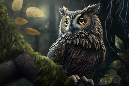 Owl in the forest. 3d render. Fantasy illustration.の素材