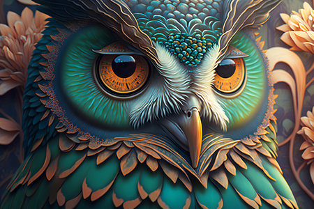 3d illustration of abstract geometric composition with beautiful owl eyes and feathersの素材