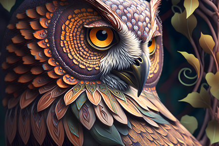 Owl in the forest. 3D illustration. Sacred geometry.の素材