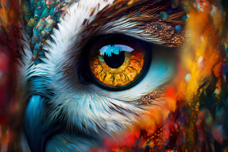 Eye of the owl. Close-up. Colorful background.の素材