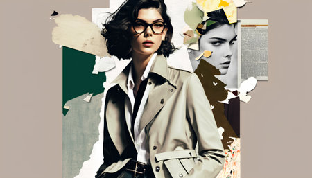 Fashionable woman in trench coat and eyeglasses against colorful backgroundの素材
