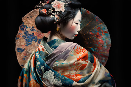 Beautiful geisha in kimono with fan on black backgroundの素材