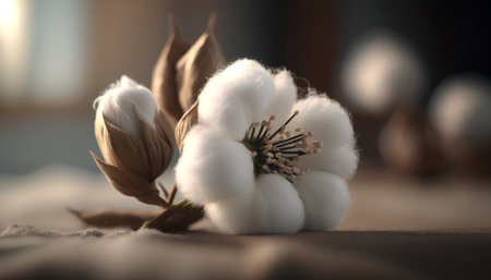 Cotton flowers on wooden table, close up. Soft focus.の素材