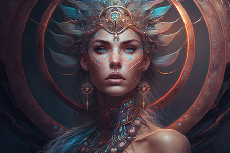 Fantasy portrait of a beautiful girl with fantasy make-up and angel wings.の素材