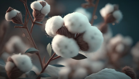 Cotton plant with flowers on dark background. 3d illustration.の素材