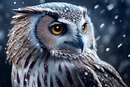 Owl on a background of winter snowfall. Close-up.の素材